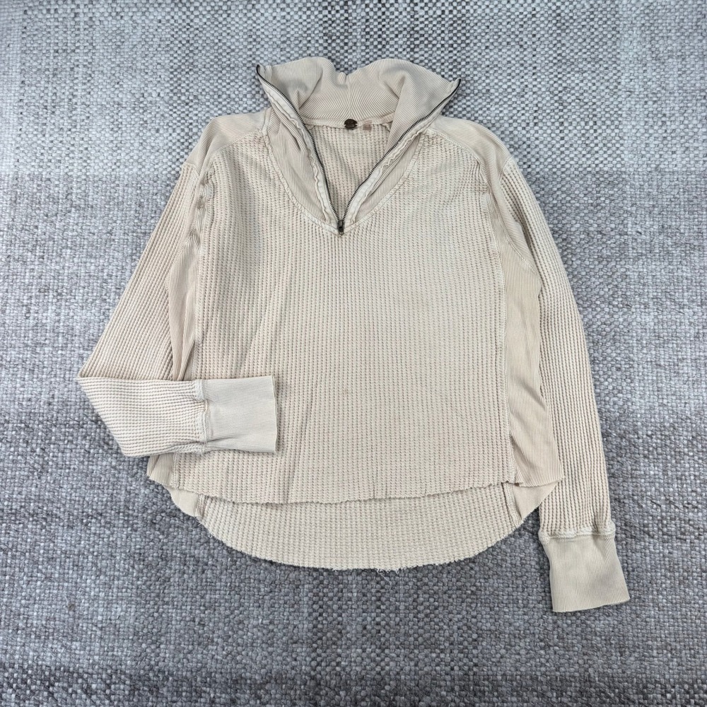 Free People FP One Womens Cream Waffle Knit Quarter Zip Thermal Pullover Top